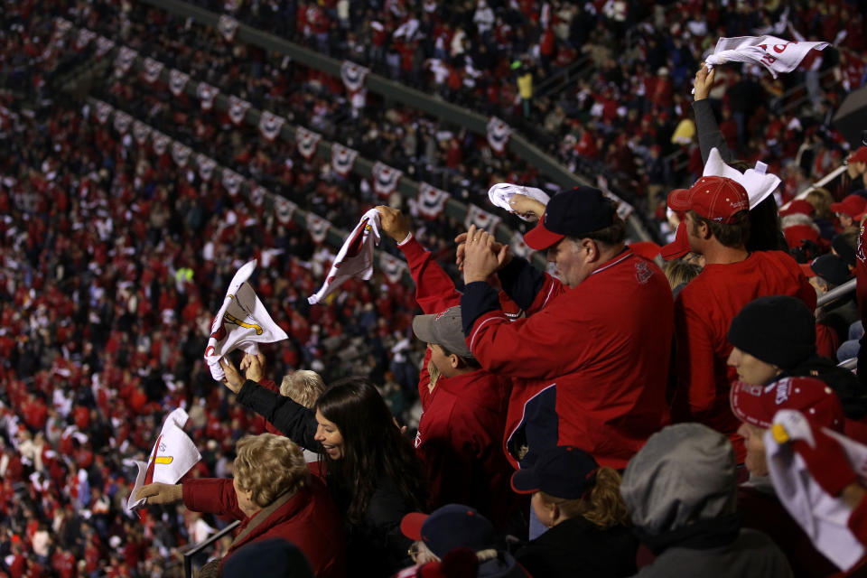 ST LOUIS, MO - OCTOBER 20: St. Louis Cardinals fans cheer during Game Two of the MLB World Series against the Texas Rangers at Busch Stadium on October 20, 2011 in St Louis, Missouri. (Photo by Doug Pensinger/Getty Images)