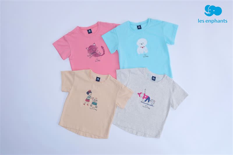 麗嬰房「兒童守護毛孩冰瓷棉T恤」，透過手繪風格展現與毛孩們的日常，將愛護動物的理念帶入生活中。（圖／品牌業者提供）