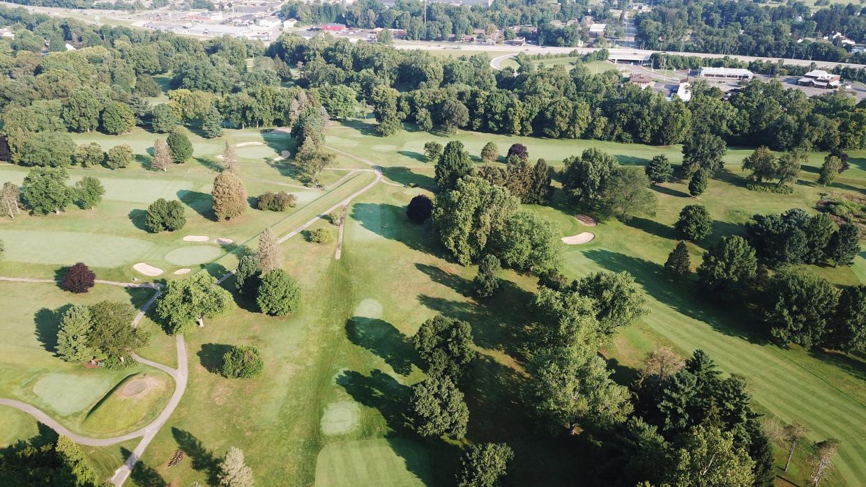 A flat-topped mound (diagonal on left side of this July 2019 aerial picture) forms part of the 50-acre Hopewell Octagon Earthworks in Newark, which local archaeologists and other officials are hoping will become a UNESCO World Heritage Site.