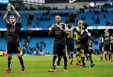 Football - Manchester City v Leicester City - Barclays Premier League - Etihad Stadium - 6/2/16 Leicester City's Danny Simpson celebrates at the end of the game Action Images via Reuters / Jason Cairnduff Livepic