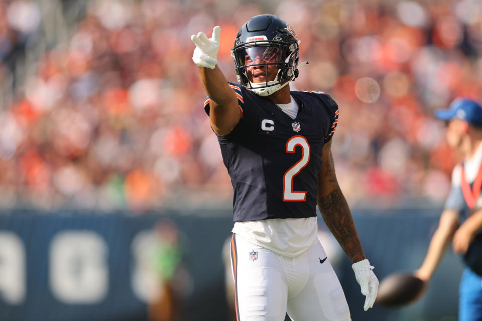 CHICAGO, ILLINOIS – SEPTEMBER 10: DJ Moore #2 of the Chicago Bears celebrates a first down run against the Green Bay Packers during the first half at Soldier Field on September 10, 2023 in Chicago, Illinois. (Photo by Michael Reaves/Getty Images) ORG XMIT: 775992253 ORIG FILE ID: 1672577925