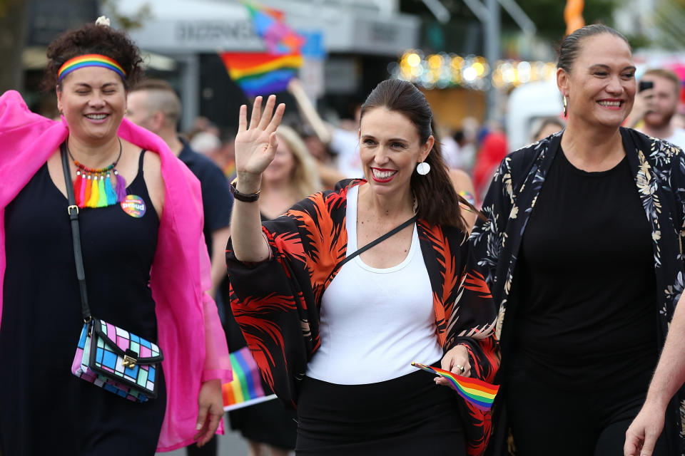 New Zealand Prime Minister Jacinda Ardern, center, is the first prime minister to walk in the Pride Parade on Feb. 17, 2018 in Auckland, New Zealand.