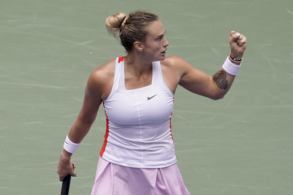 Aryna Sabalenka, of Belarus, reacts after scoring a point against Karolina Pliskova, of the Czech Republic, during the quarterfinals of the U.S. Open tennis championships, Wednesday, Sept. 7, 2022, in New York. (AP Photo/Mary Altaffer)