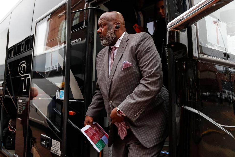 Maryland football head coach Mike Locksley walks off the bus as the team arrives ahead of the game vs. Michigan on Sept. 24, 2022 at the Michigan Stadium in Ann Arbor.