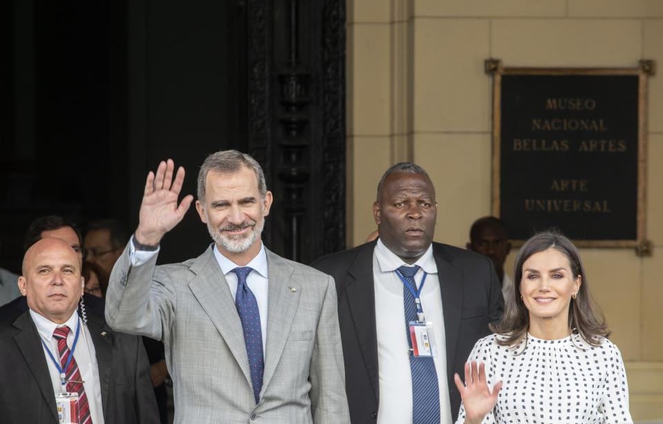 Spain's King Felipe and Queen Letizia greet people after visiting a self-portrait of Spanish painter Francisco de Goya at the Bellas Artes Museum in Old Havana, Cuba, Thursday, Nov. 14, 2019. (AP Photo/Ramon Espinosa, Pool)