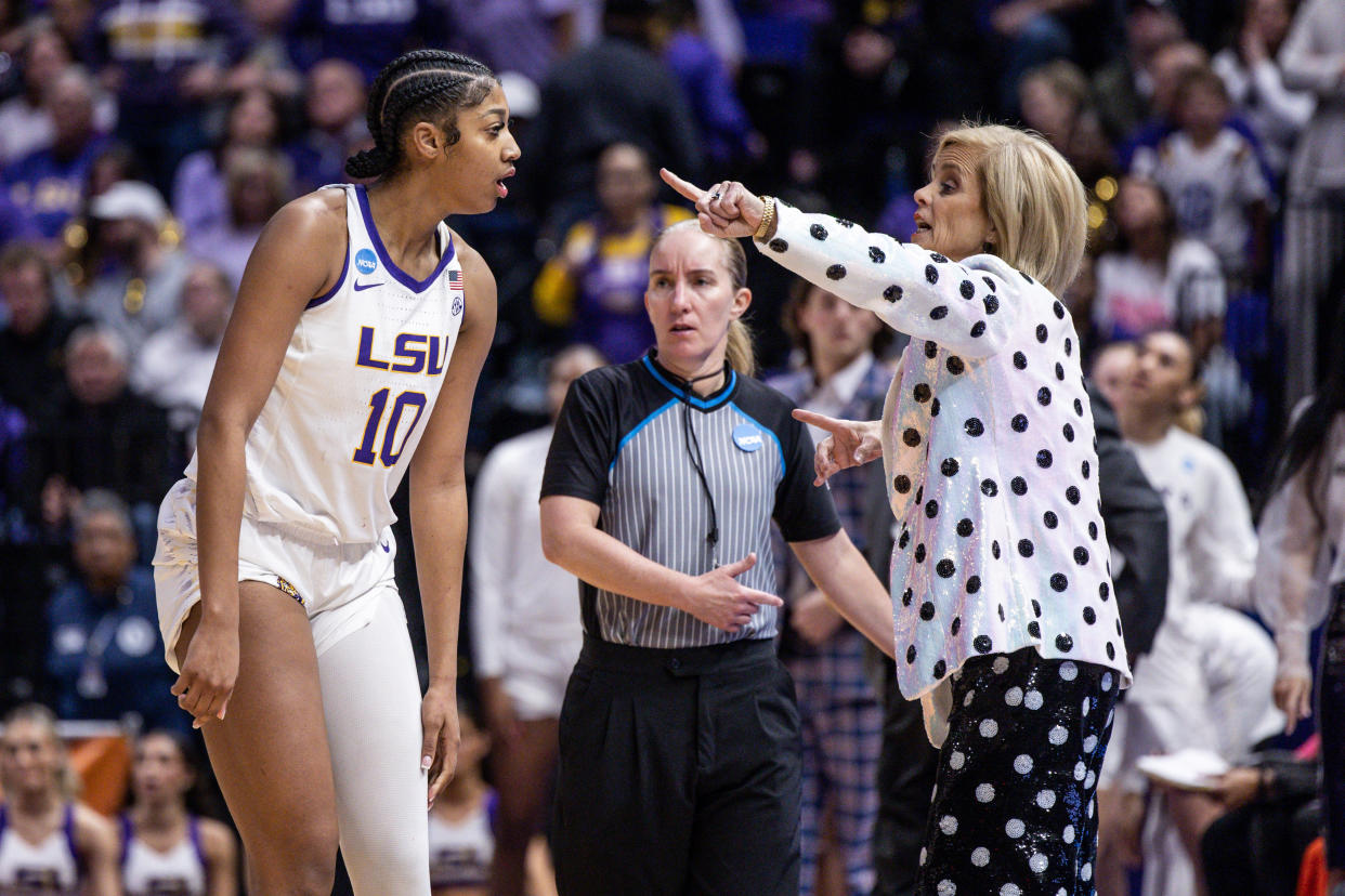 LSU head coach Kim Mulkey gives directions to forward Angel Reese against Michigan during the second round of the 2023 NCAA women's tournament on March 19, 2023. (Stephen Lew/USA TODAY Sports)