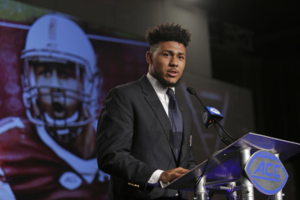 Boston College’s Harold Landry speaks to the media during the Atlantic Coast Conference media day on July 13. (AP)