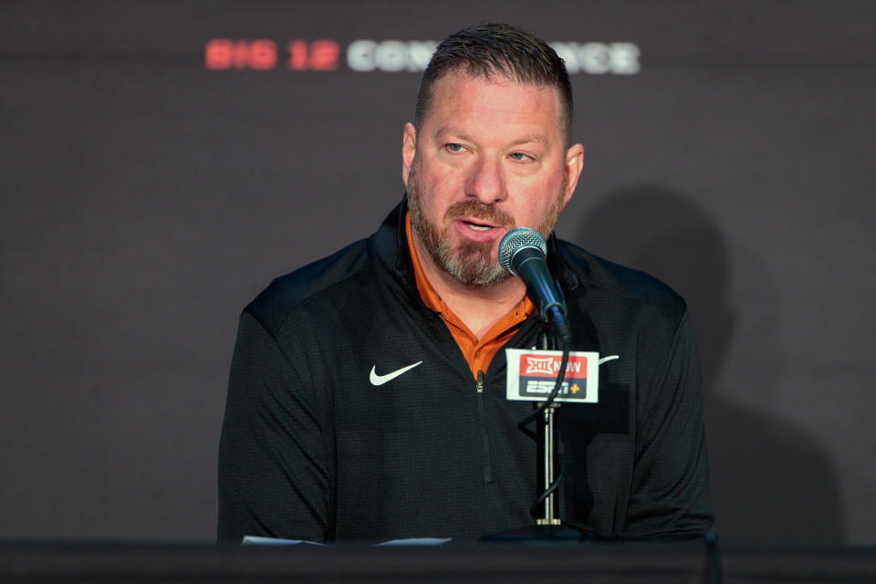 Oct 19, 2022; Kansas City, Missouri, US; Texas Longhorns coach Chris Beard is interviewed during the mens Big 12 Basketball Tipoff media day at T-Mobile Center. Mandatory Credit: William Purnell-USA TODAY Sports