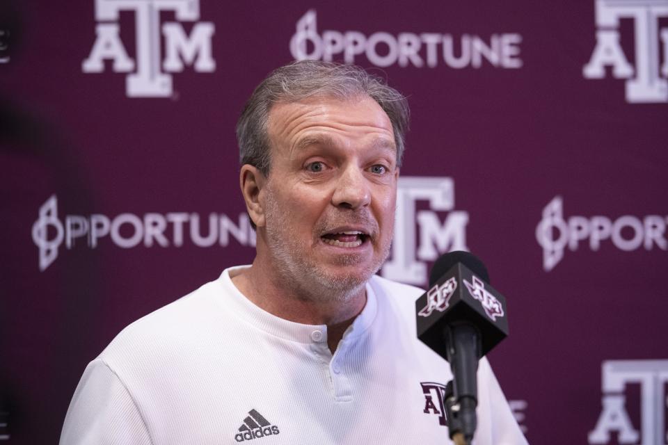 Texas A&amp;M head coach Jimbo Fisher speaks with the media during the school's pro day for NFL football scouts and coaches, Tuesday, March. 22, 2022, in College Station, Texas. (AP Photo/Justin Rex)