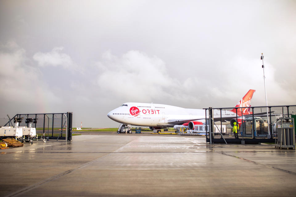 A Virgin Orbit aircraft sits on the tarmac at Cornwall Airport Newquay, in Newquay, U.K. (James Beck / Bloomberg via Getty Images file)