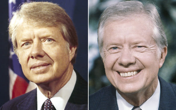 <b>Jimmy Carter</b> The former peanut farmer took office with salt-and-pepper color, and left after one term with a thinner, grayer head of hair. <br> <br> (Left: AP Photo; Right: Nancy Kaye/AP Photo)