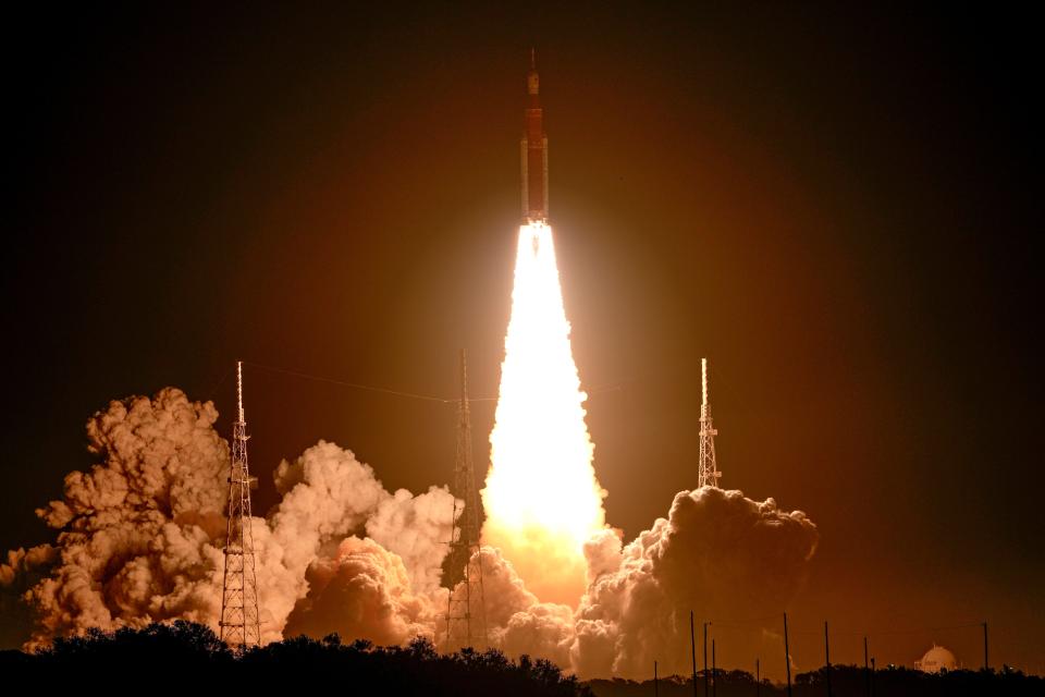 NASA's new moon rocket lifts off from Launch Pad 39B at the Kennedy Space Center in Cape Canaveral, Fla., Wednesday, Nov. 16, 2022. This launch is the first flight test of the Artemis program. (AP Photo/John Raoux)