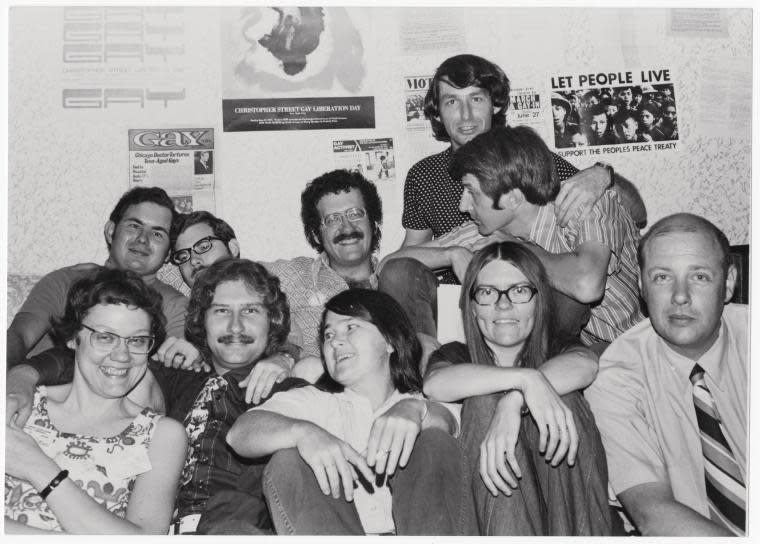 Members of the American Library Association’s Task Force on Gay Liberation in 1971. Pictured in the upper right is Michael McConnell. Jack Baker leans across his lap. (Photo by Kay Tobin ©Manuscripts and Archives Division, The New York Public Library)