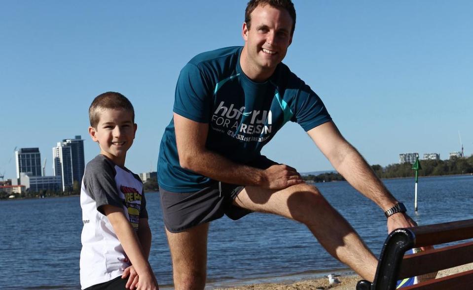 Telethon Little Ambassador Scott Guerini and Seven Perth reporter Blake Johnson are backing Telethon in the HBF Run for a Reason. Picture: Gerald Moscarda.