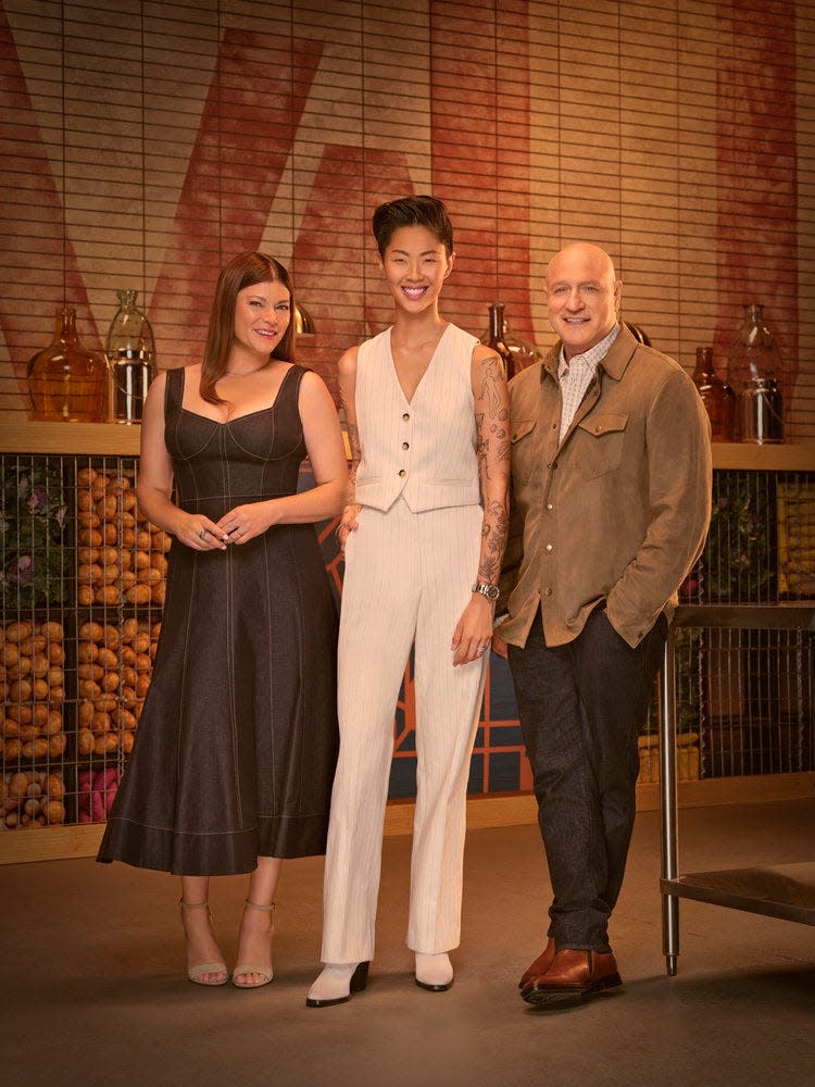 Gail Simmons, left, and Tom Colicchio, right, return as judges for "Top Chef" Season 21, with Season 10 winner Kristen Kish, center, taking over hosting duties from longtime host Padma Lakshmi.