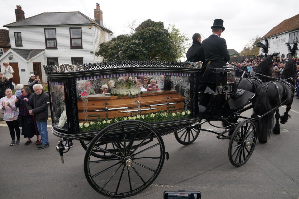 The funeral cortege of Paul O'Grady travels through the village of Aldington, Kent ahead of his funeral at St Rumwold's Church. Picture date: Thursday April 20, 2023. (Photo by Yui Mok/PA Images via Getty Images)