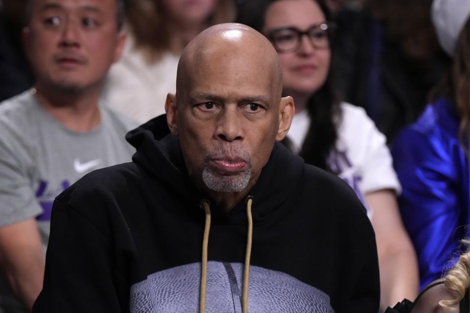 Kareem Abdul-Jabbar watches an NBA playoff game between the Los Angeles Lakers and the Golden State Warriors on May 8, 2023.