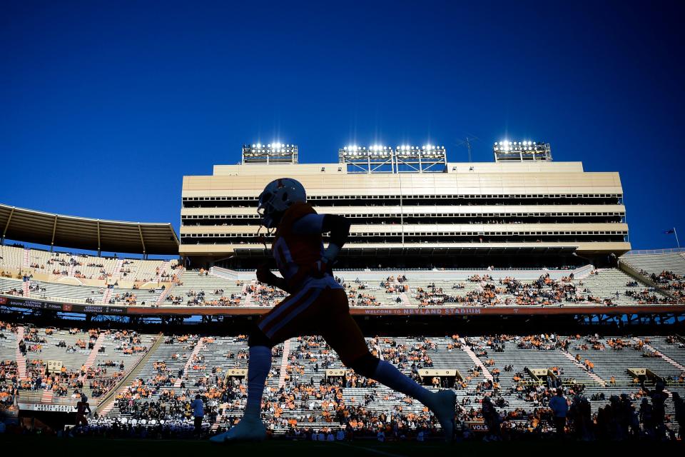 Tennessee players warm up ahead of an SEC conference game between Tennessee and Vanderbilt at Neyland Stadium in Knoxville, Tenn. on Saturday, Nov. 27, 2021.