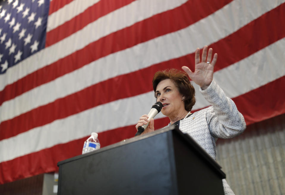 FILE - Sen. Jacky Rosen, D-Nev., speaks at the Battle Born Progress Progressive Summit, Saturday, Jan. 12, 2019, in North Las Vegas, Nev. Rosen, a Democrat from Nevada who steered a moderate path during her first term in the chamber, announced Wednesday, April 5, 2023, that she will seek reelection in the perennial battleground state. (AP Photo/John Locher, File)