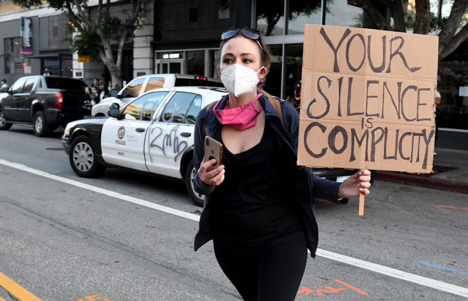 A demonstrator protests the death of George Floyd in Los Angeles on May 28, 2020.  (Photo: MediaNews Group/Pasadena Star-News via Getty Images via Getty Images)