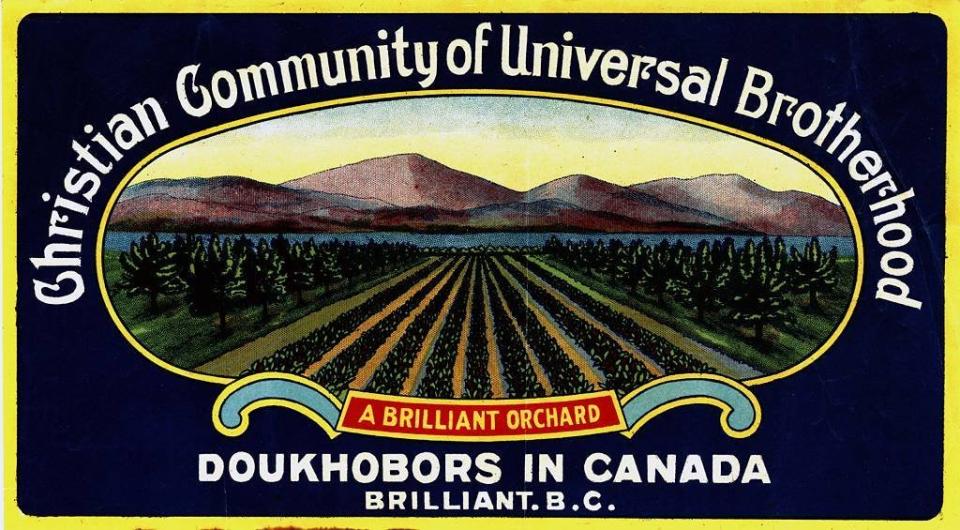 Una etiqueta de fruta de los agricultores dujobor del oeste de Canadá en Brilliant, Columbia Británica alrededor de 1930.