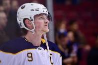 Jan 18, 2019; Vancouver, British Columbia, CAN; Buffalo Sabres forward Jack Eichel (9) awaits the start of play against the Vancouver Canucks during the first period at Rogers Arena. Mandatory Credit: Anne-Marie Sorvin-USA TODAY Sports