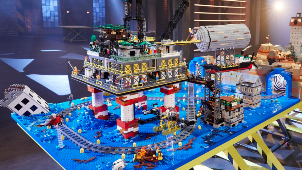 David and G's Future build took out the win in the time-travel challenge. They created a post-apocalyptic water world featuring a shanty town on an oil rig. It came complete with a blimp boat and a washing line. Photo: Channel Nine