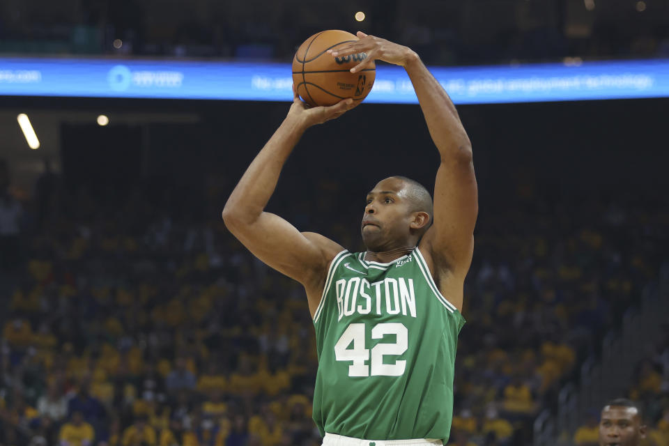 Boston Celtics center Al Horford shoots against the Golden State Warriors during Game 1 of the 2022 NBA Finals at Chase Center in San Francisco on June 2, 2022. (AP Photo/Jed Jacobsohn)