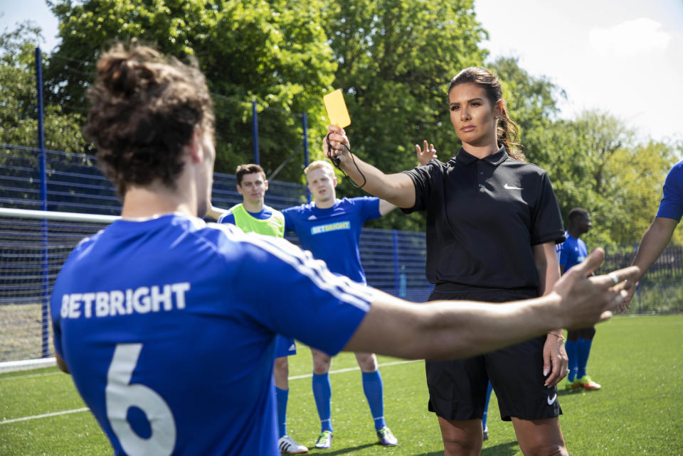 EDITORIAL USE ONLY Rebekah Vardy becomes BetBright’s official Video Assistant Referee (VAR) for the World Cup after receiving a crash course from former Premier League referee Mark Halsey. PRESS ASSOCIATION Photo. Picture date: Tuesday May 22, 2018. Photo credit should read: Fabio De Paola/PA Wire