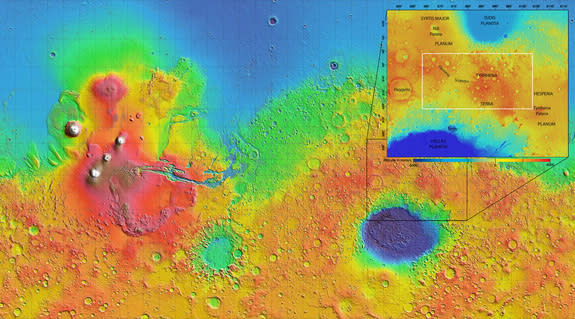 The 621-mile by 1,240-mile (1,000 by 2,000-kilometer) region of Tyrrhena Terra (outlined by the white box in the inset) sits between two regions of low altitude in Mars' southern hemisphere, as shown in this global topography map. Hydrated mine