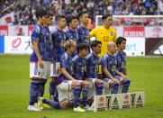 Team Japan stands for the team picture prior the international friendly soccer match between USA and Japan as part of the Kirin Challenge Cup in Duesseldorf, Germany, Friday, Sept. 23, 2022. (AP Photo/Martin Meissner)