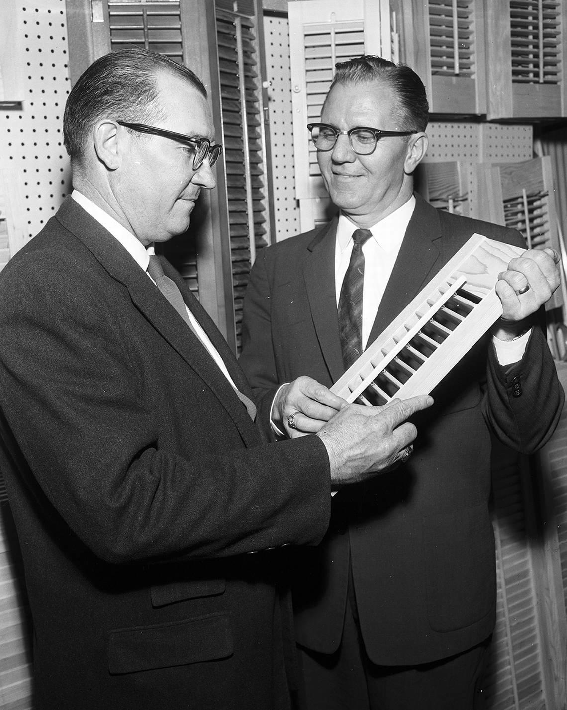 Feb. 18, 1959: Leonard’s Department Store’s Home Improvement Center will conduct an official opening Friday with various prizes to be given. L. G. Lacy, left, is manager of sales and installation. H.E. Willet is manager of sales and merchandising.