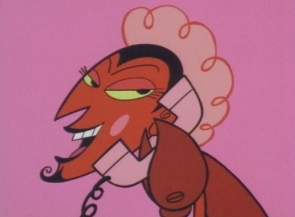 The Powerpuff Girls villain HIM, a devil-like creature with long eyelashes and a goatee, chats on the phone.