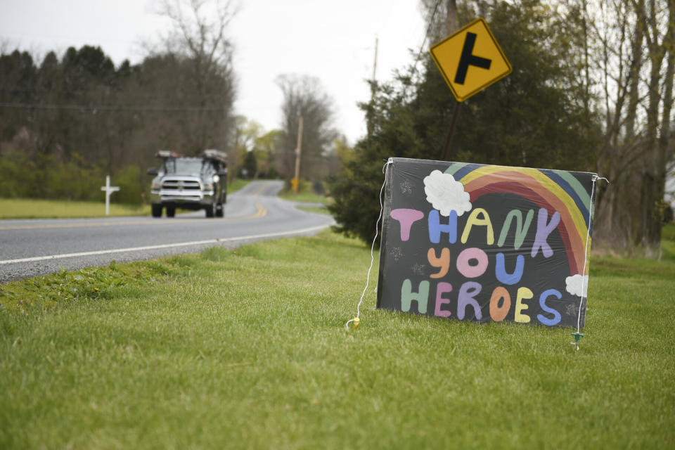 A homemade sign reads "Thank You Heroes" in a yard in Leesport, Pennsylvania, on April 23, 2020. (Photo: Lauren A. Little/MediaNews Group/Reading Eagle via Getty Images)