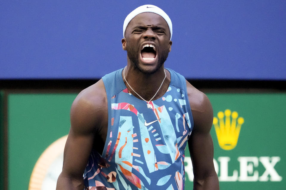 Frances Tiafoe, of the United States, reacts after defeating Adrian Mannarino, of France, during the third round of the U.S. Open tennis championships, Friday, Sept. 1, 2023, in New York. (AP Photo/Mary Altaffer)