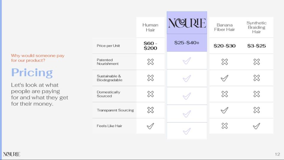 This slide compares Nourie against current market pricing, being more affordable and including more benefits than competitors.