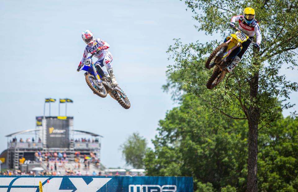 Garrett Marchbanks and Brandon Sussman during the 450 Moto 1 during the KTM RedBud National Lucas Oil Pro Motocross Championship Saturday, July 2, 2022 at the RedBud MX track in Buchanan, Mich.