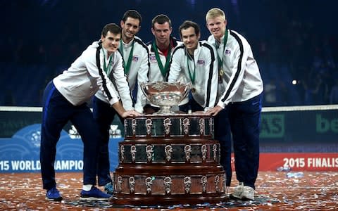 Jamie Murray, James Ward, Leon Smith, Andy Murray and Kyle Edmund of Great Britain pose with the Davis Cup following victory on day three of the Davis Cup Final 2015 - Credit: Getty Images