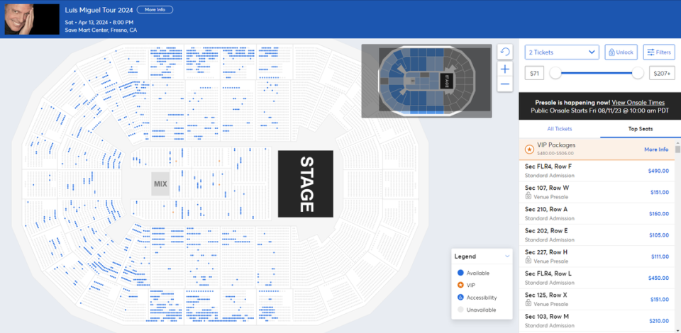 Captura de pantalla de la preventa en línea de Ticketmaster para la noche del jueves en Fresno.