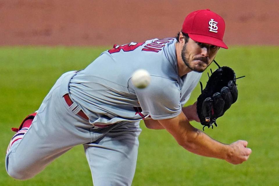 St. Louis Cardinals starting pitcher Dakota Hudson delivers during a game against Pittsburgh in 2020. Hudson has struggled this season, had his turn in the rotation skipped with Monday’s day off and now has a critical start scheduled for Saturday in Arizona.