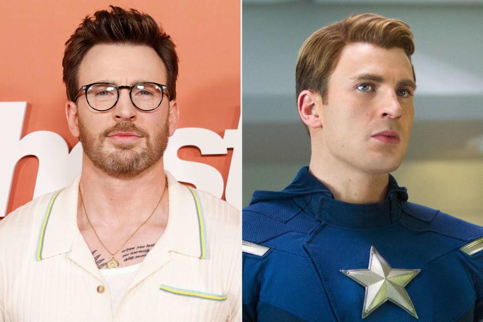 <p>Taylor Hill/FilmMagic; Zade Rosenthal/Walt Disney Studios Motion Pictures/courtesy Everett </p> (Left to right:) Chris Evans in 2023 and as Captain America in 2012
