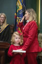 Sen. Kim Ward takes the oath of office as President Pro Tempore of the Pennsylvania Senate accompanied by her granddaughter, Josie Jane Ward, holding the bible, in Harrisburg, Pa., Jan. 3, 2023. (Mark Pynes/The Patriot-News via AP)