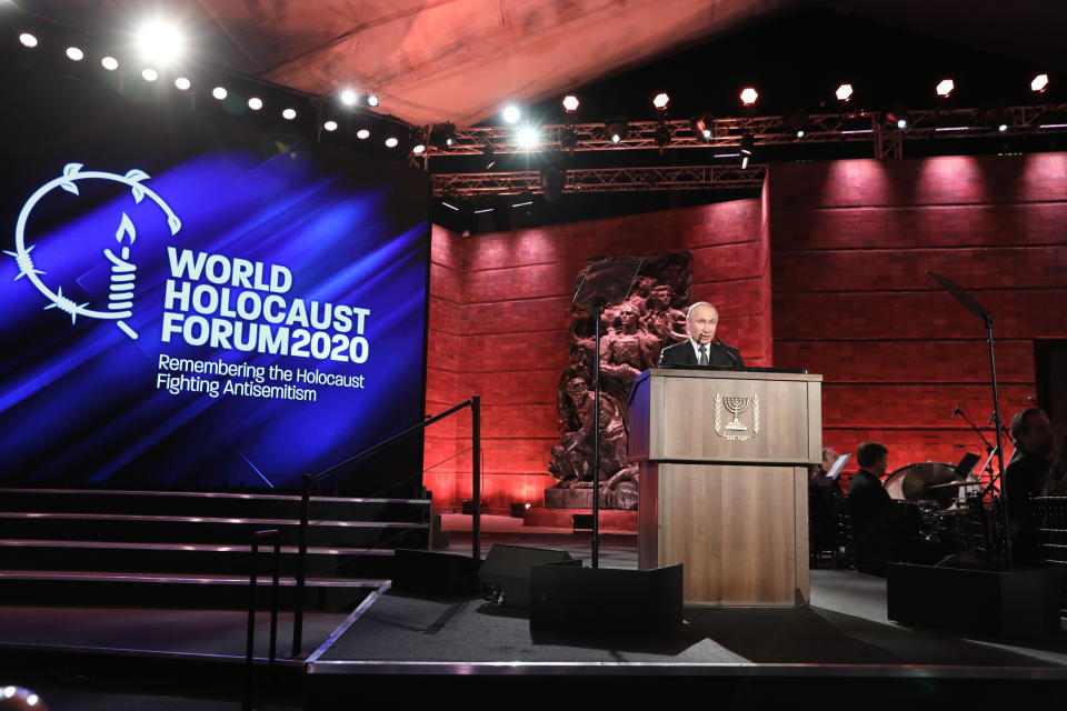 Russian President Vladimir Putin speaks during the Fifth World Holocaust Forum at the Yad Vashem Holocaust memorial museum in Jerusalem, Israel, Thursday, Jan. 23, 2020. The event marking the 75th anniversary of the liberation of Auschwitz under the title 'Remembering the Holocaust: Fighting Antisemitism' is held to preserve the memory of the Holocaust atrocities by Nazi Germany during World War II.(Abir Sultan, Pool via AP)