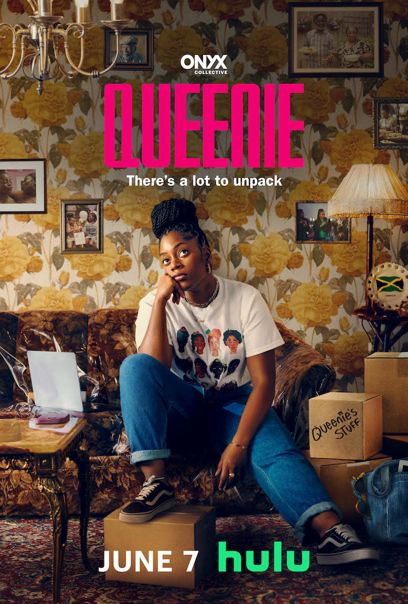 Poster for "Queenie" showing a woman seated with moving boxes