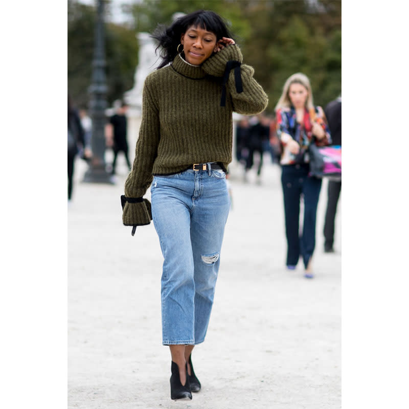 <p>A chunky ribbon-detail knit and feminine booties look approachable when paired with rough-and-tumble denim.</p> <h4>Imaxtree</h4>