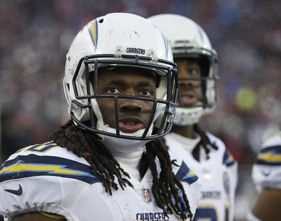 Los Angeles Chargers running back Melvin Gordon watches from the sideline during the second half of an NFL divisional playoff football game against the New England Patriots, Sunday, Jan. 13, 2019, in Foxborough, Mass. (AP Photo/Steven Senne)