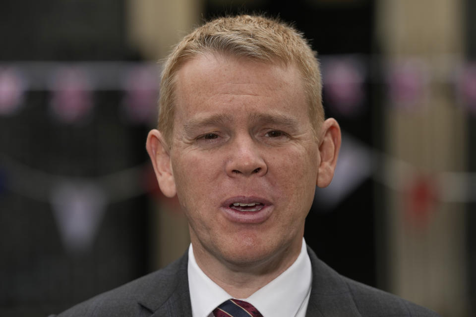 FILE - Prime Minister of New Zealand Chris Hipkins speaks to the media after meeting Britain's Prime Minister Rishi Sunak, in Downing Street, in London, Friday, May, 5, 2023. New Zealand’s Justice Minister, Kiri Allan, resigned Monday, July 24, 2023, after police charged her with reckless driving and resisting arrest following a car crash. Hipkins said in a statement that Allan's breath test showed her over the legal alcohol limit but police had not charged her with drunk driving. (AP Photo/Frank Augstein, File)