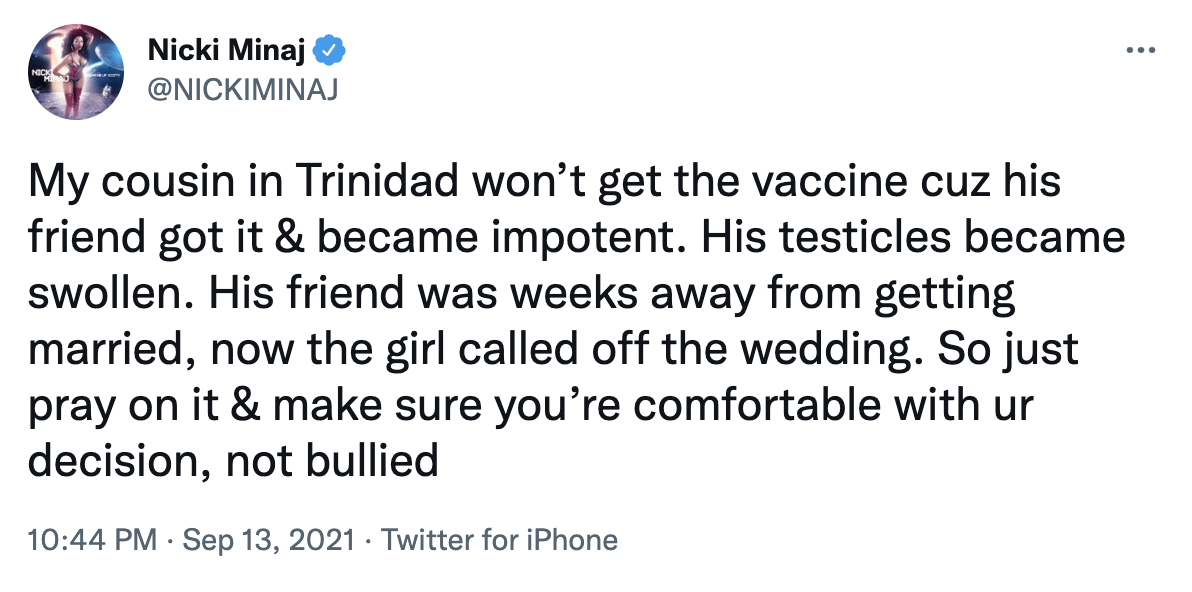 Nicki Minaj claimed her cousin's friend became impotent and developed swollen testicles after having a COVID vaccine weeks before getting married / Twitter: @NICKIMINAJ  