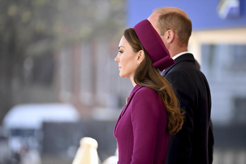 Britain's Prince William and Kate, Princess of Wales await President of South Africa Cyril Ramaphosa for his welcome ceremony at Horse Guards, in London, Tuesday, Nov. 22, 2022. This is the first state visit hosted by the UK with King Charles III as monarch, and the first state visit here by a South African leader since 2010. (Leon Neal/Pool Photo via AP)