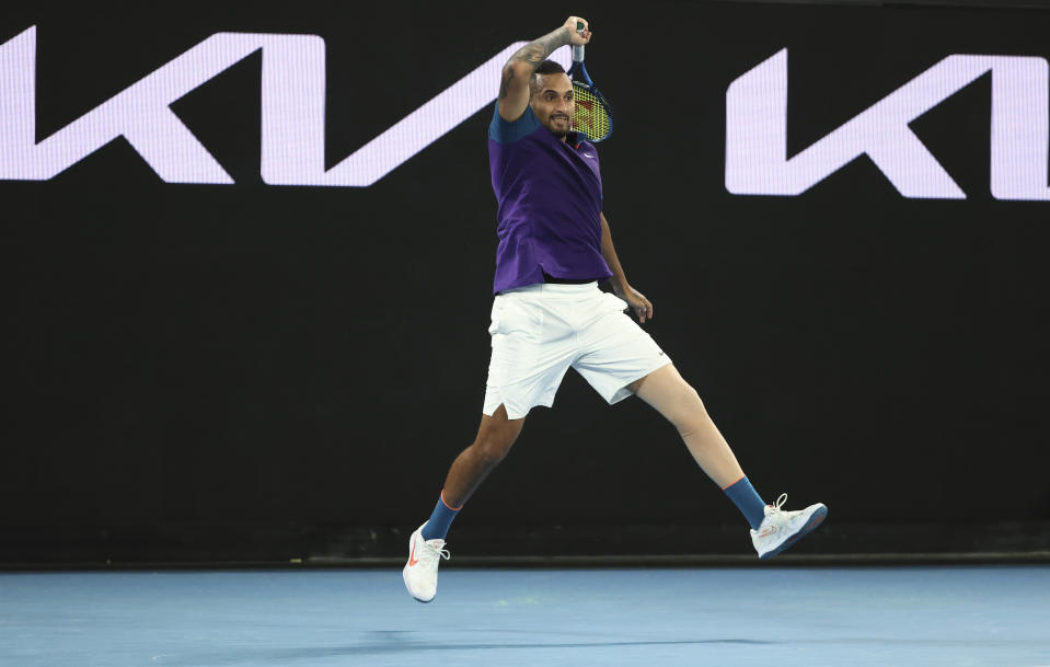 Australia's Nick Kyrgios plays a shot during his third round match against Austria's Dominic Thiem at the Australian Open tennis championship in Melbourne, Australia, Friday, Feb. 12, 2021.(AP Photo/Hamish Blair)